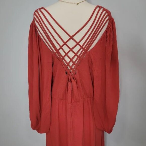 Eloquii Strappy Plunge Back Button Front Orange Long Sleeve Plus Maxi Dress 14 - Picture 10 of 13